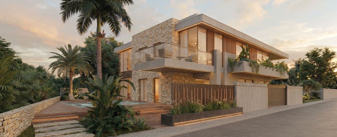 The Sukoon villa facade at dusk